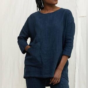 Elizabeth Suzann Long Sleeve Harper Tunic - Navy - Midweight Linen - OSM